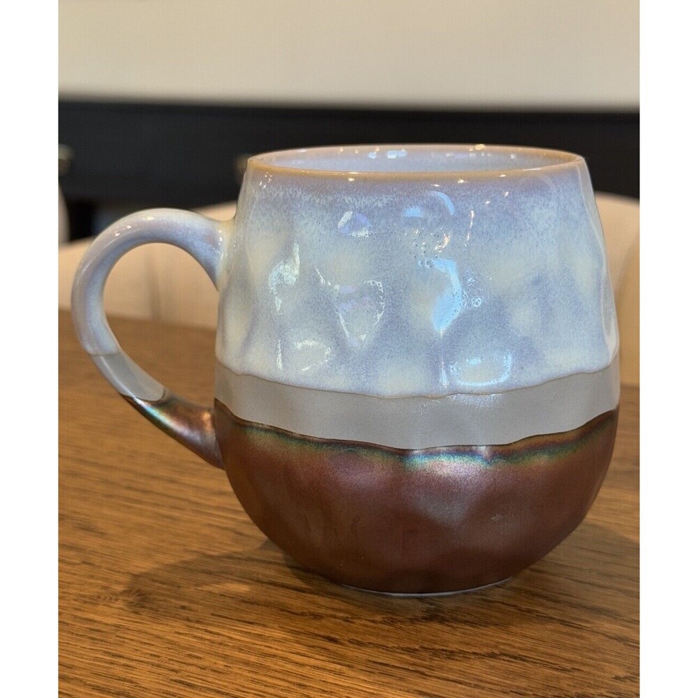 Roscher Set Of 4 Iridescent Metallic Hammered Blue/Brown Stoneware Coffee Mugs - Picture 2 of 7